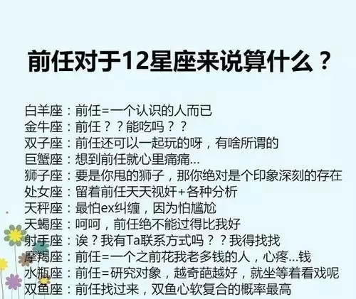 1、和前任复合概率测试:分手以后，十二星座和前任的复合率分别是多少？